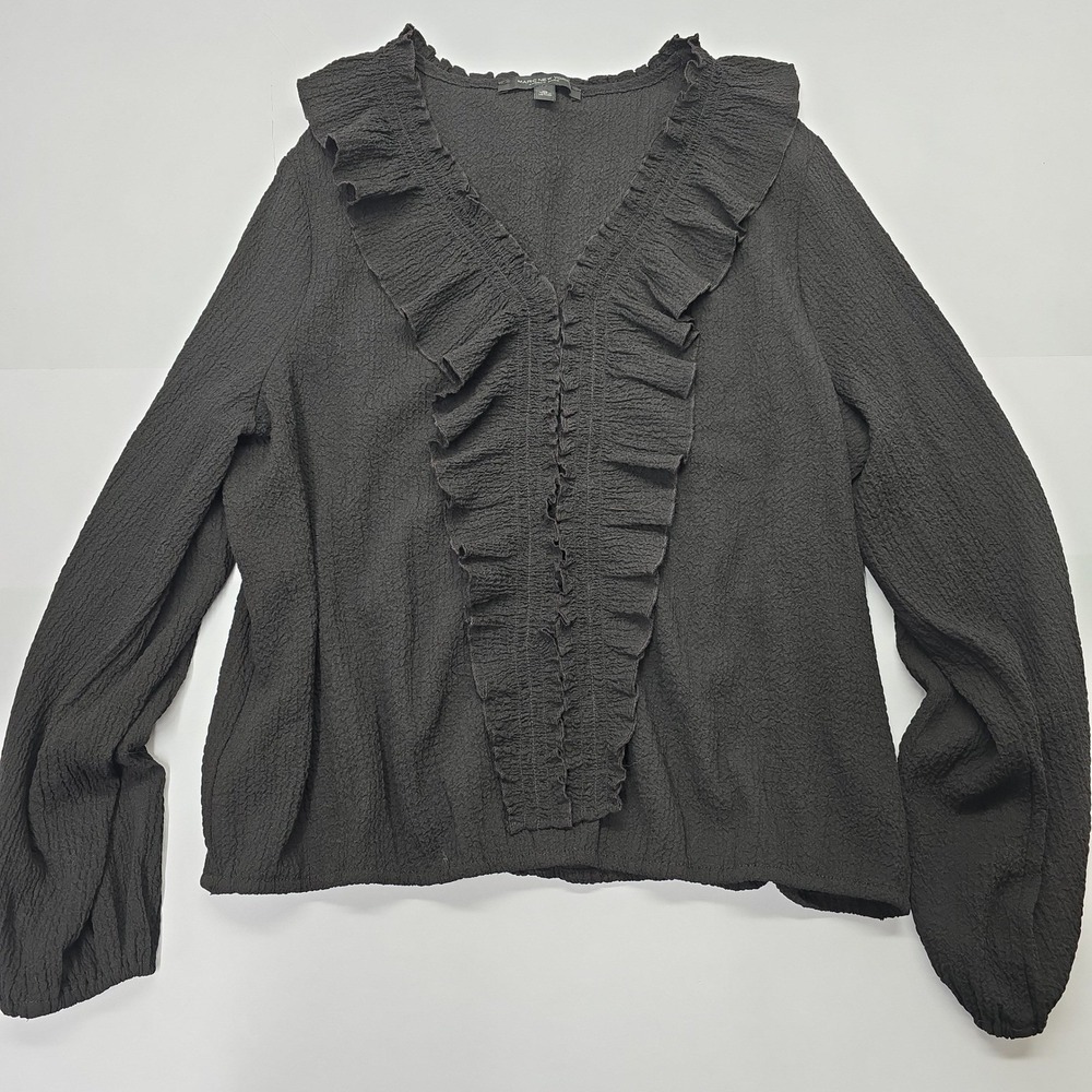 Marc‎ New York Andrew Marc Black Ruffle V-Neck Textured Blouse XL Long Sleeve